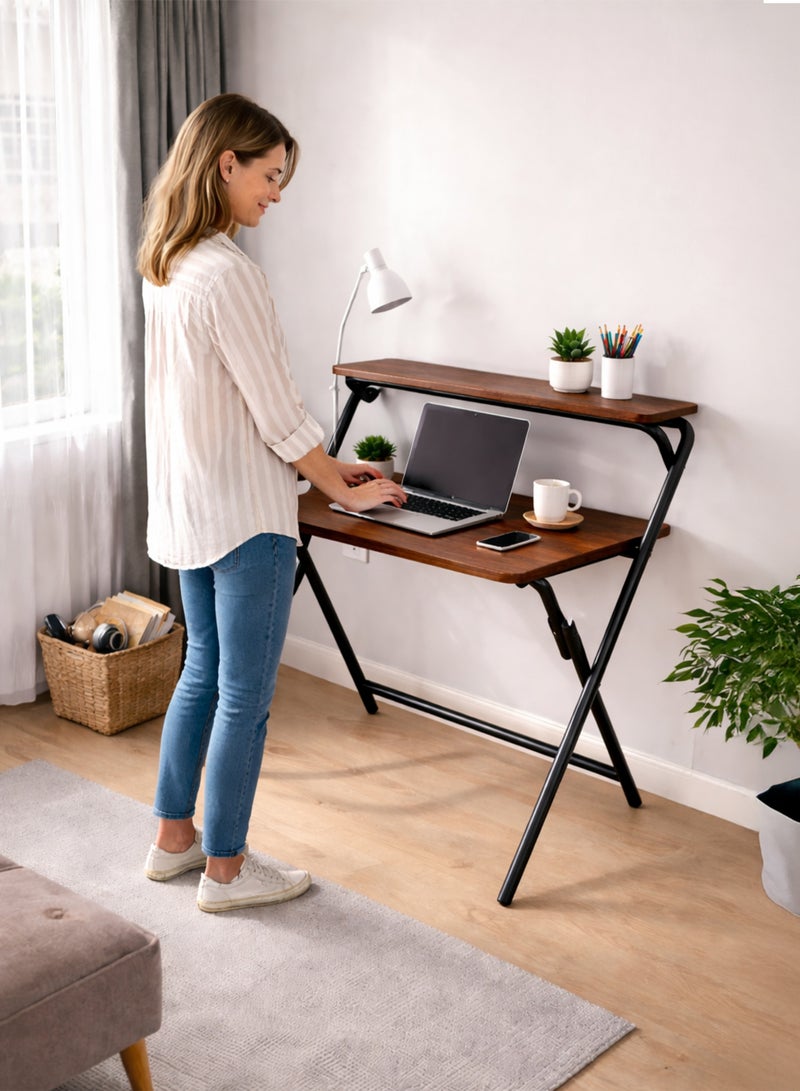 Toshionics Foldable Laptop Desk with Shelf | Space-Saving Home Office Computer Table | Portable Folding Study Desk with MDF Wood Top & Steel X-Frame | Brown - Image 2